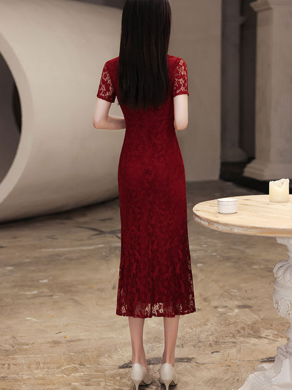 Burgundy Lace Tea Fishtail Wedding Qi Pao Cheongsam Dress