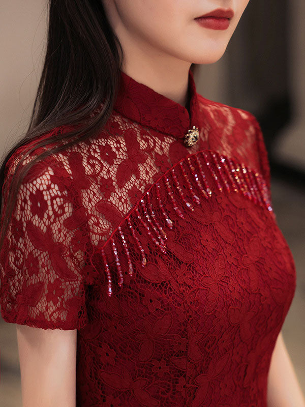 Burgundy Lace Tea Fishtail Wedding Qi Pao Cheongsam Dress