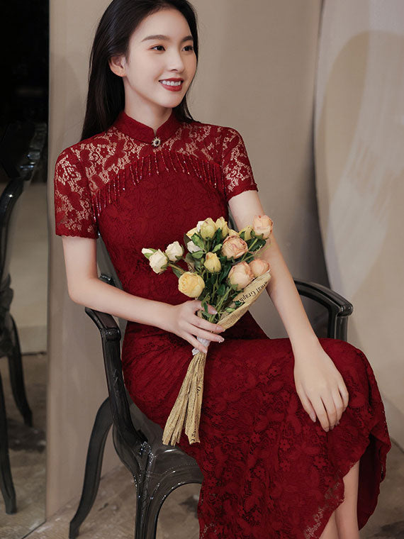 Burgundy Lace Tea Fishtail Wedding Qi Pao Cheongsam Dress
