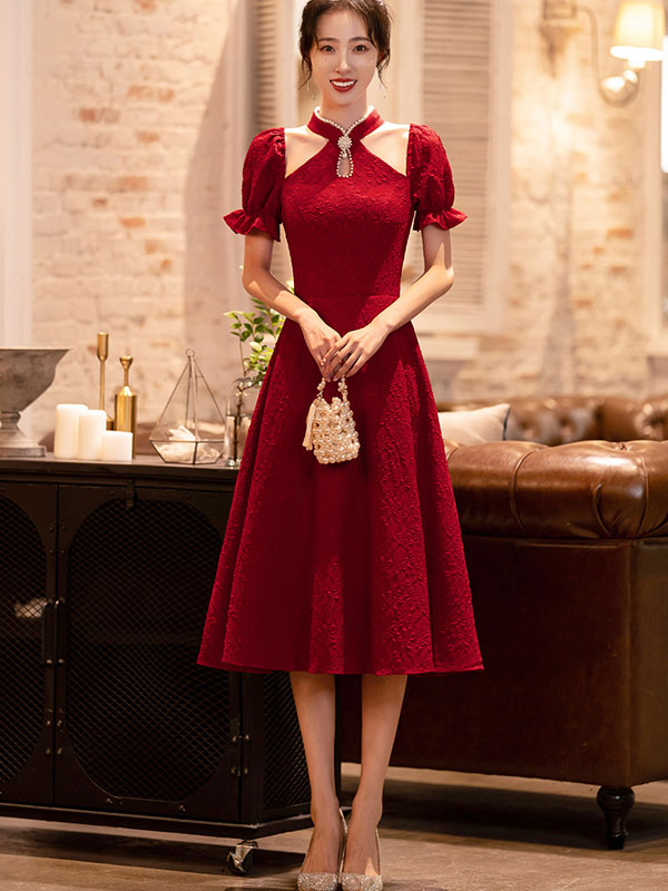 White Red Cold Shoulder Halter Collar Wedding Qi Pao Cheongsam Dress