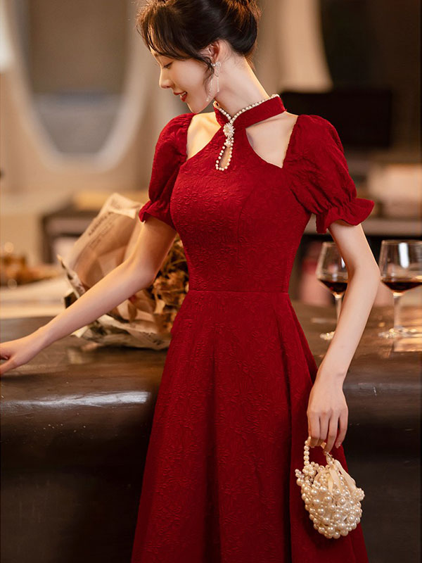 White Red Cold Shoulder Halter Collar Wedding Qi Pao Cheongsam Dress