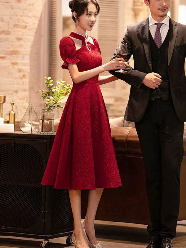 White Red Cold Shoulder Halter Collar Wedding Qi Pao Cheongsam Dress