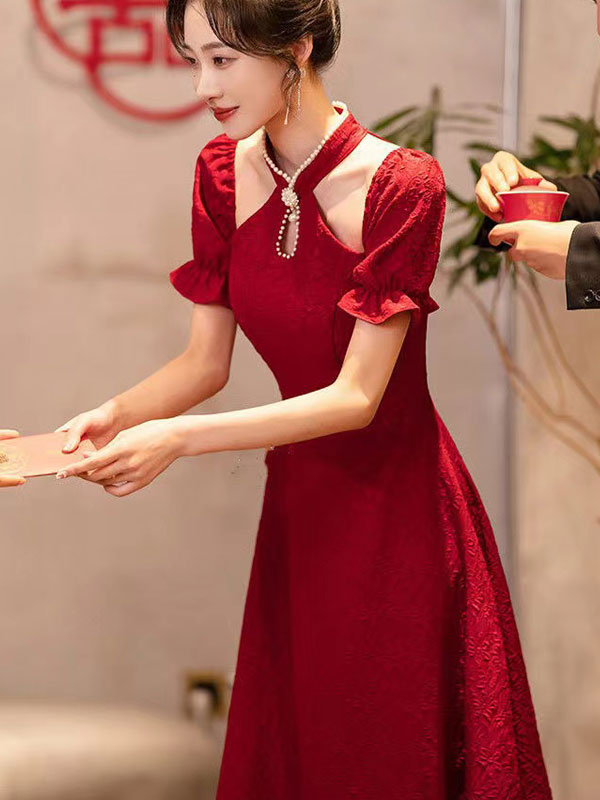White Red Cold Shoulder Halter Collar Wedding Qi Pao Cheongsam Dress
