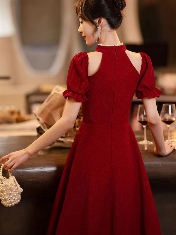White Red Cold Shoulder Halter Collar Wedding Qi Pao Cheongsam Dress