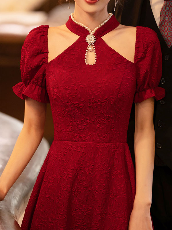 White Red Cold Shoulder Halter Collar Wedding Qi Pao Cheongsam Dress