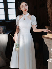 White Red Cold Shoulder Halter Collar Wedding Qi Pao Cheongsam Dress