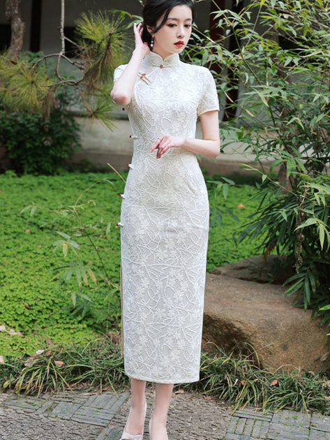 White Pink Lace Embroidered Panda Cheongsam Qi Pao Dress