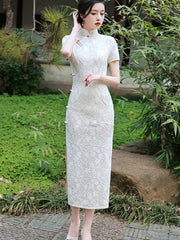 Beige Green Floral Lace Qi Pao Cheongsam Dress