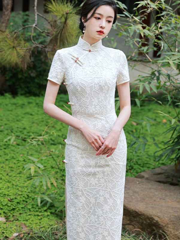 Beige Green Floral Lace Qi Pao Cheongsam Dress