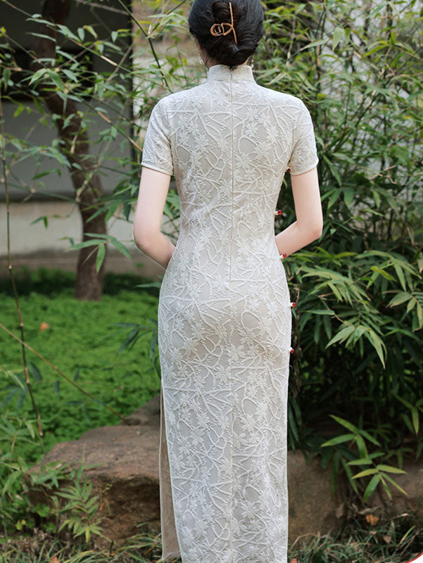 Beige Green Floral Lace Qi Pao Cheongsam Dress