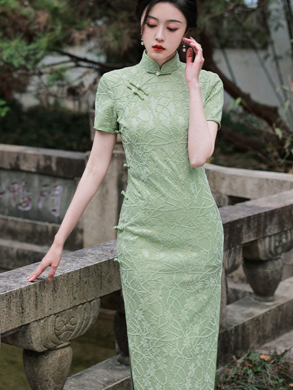 Beige Green Floral Lace Qi Pao Cheongsam Dress
