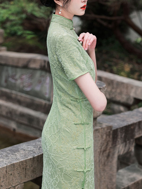 Beige Green Floral Lace Qi Pao Cheongsam Dress