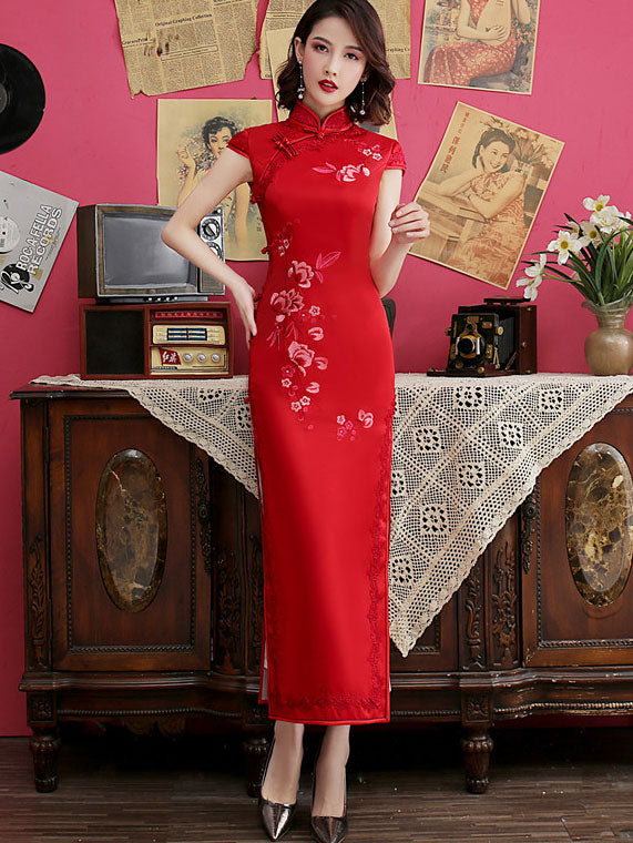 Red Embroidered Wedding Bridal Qi Pao Cheongsam Dress