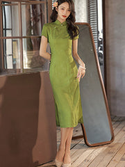 Green Jacquard Bamboo Mid Modern Qi Pao Cheongsam Dress