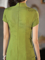 Green Jacquard Bamboo Mid Modern Qi Pao Cheongsam Dress