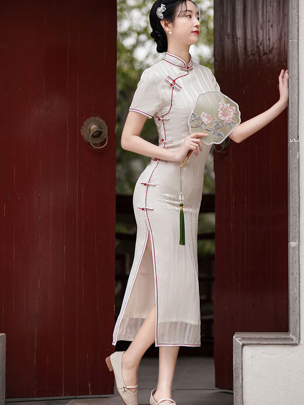 White Chiffon Maxi Modern Cheongsam Qi Pao Dress