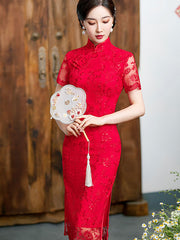 Red Sequined Lace Engagement Plus Cheongsam Qi Pao Dress