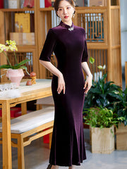 Purple Velvet Fishtail Qi Pao Cheongsam Dress