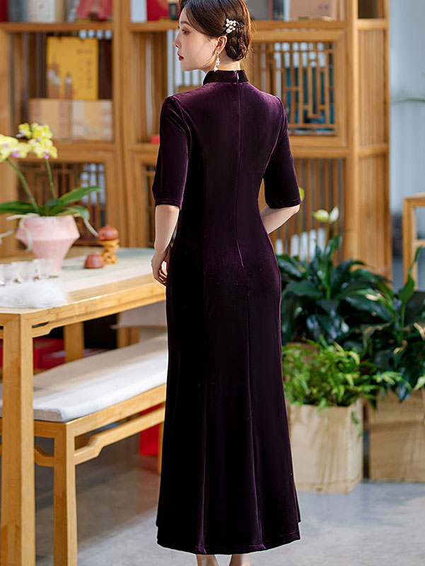 Purple Velvet Fishtail Qi Pao Cheongsam Dress