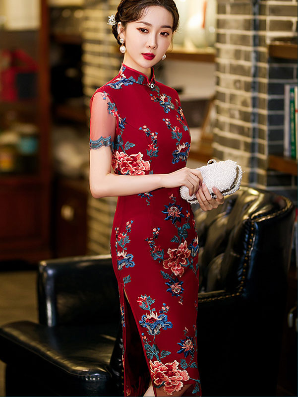 Red Embroidered Lace Mid Qi Pao Cheongsam Dress