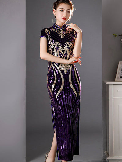 Purple Red Sequined Velvet Full Qi Pao Cheongsam Dress