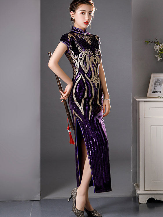 Purple Red Sequined Velvet Full Qi Pao Cheongsam Dress
