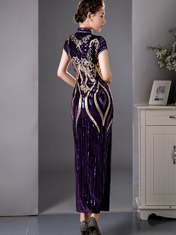Purple Red Sequined Velvet Full Qi Pao Cheongsam Dress