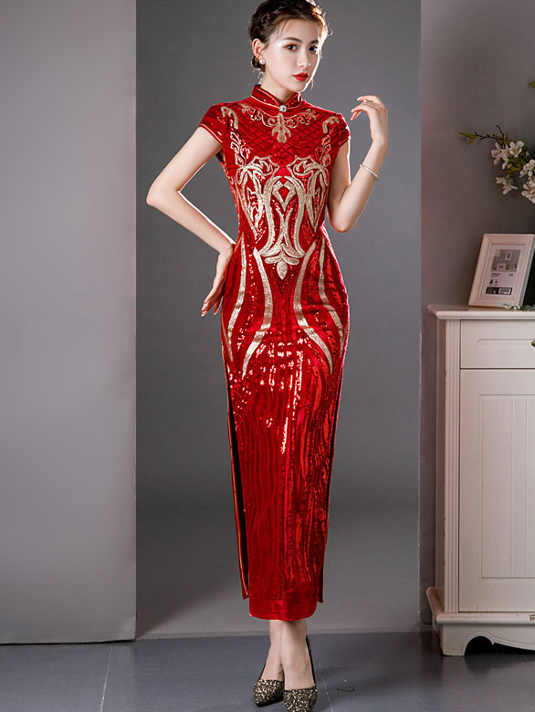 Purple Red Sequined Velvet Full Qi Pao Cheongsam Dress