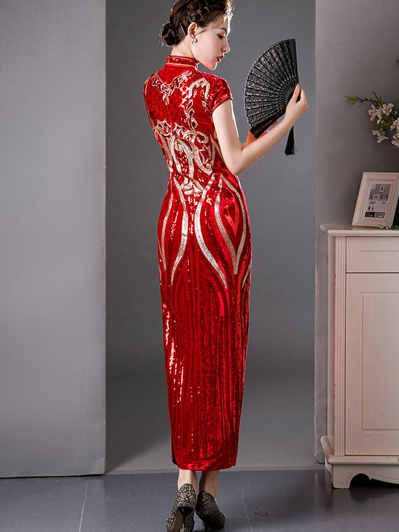 Purple Red Sequined Velvet Full Qi Pao Cheongsam Dress
