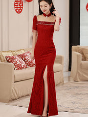 Red Lace Thigh Split Bridal Cheongsam Qi Pao Dress