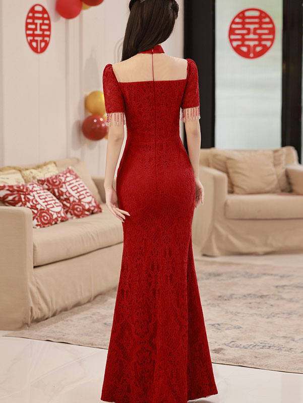 Red Lace Thigh Split Bridal Cheongsam Qi Pao Dress