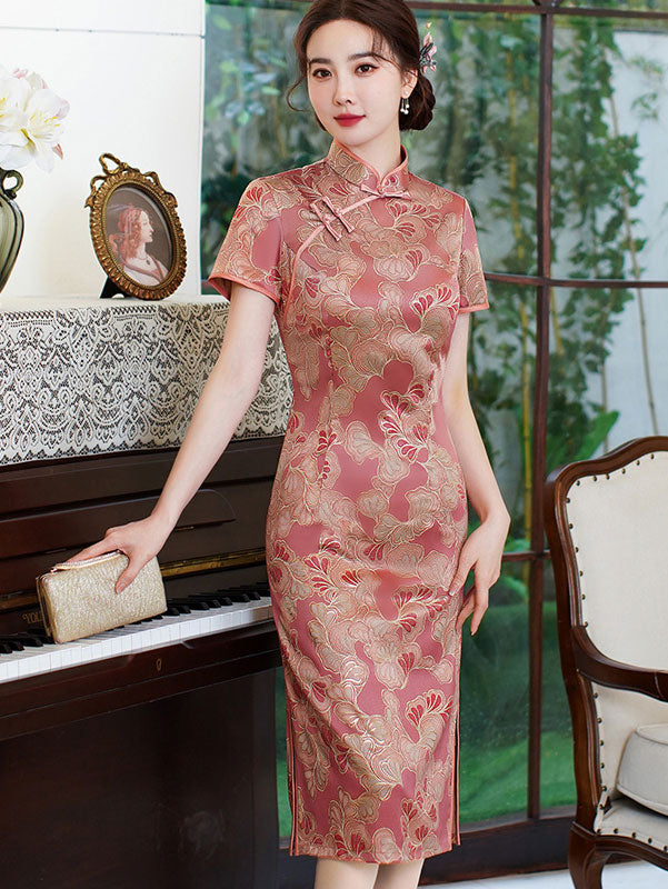 Pink Bronzing Floral Mothers Mid Cheongsam Qi Pao Dress