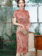 Pink Bronzing Floral Mothers Mid Cheongsam Qi Pao Dress