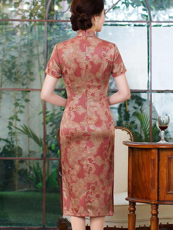 Pink Bronzing Floral Mothers Mid Cheongsam Qi Pao Dress