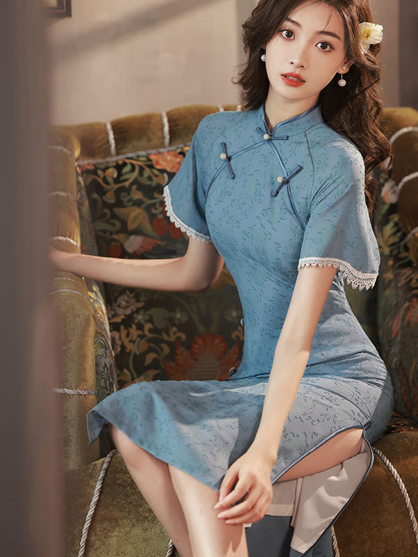 Blue Jacquard Mid Qi Pao Cheongsam Dress