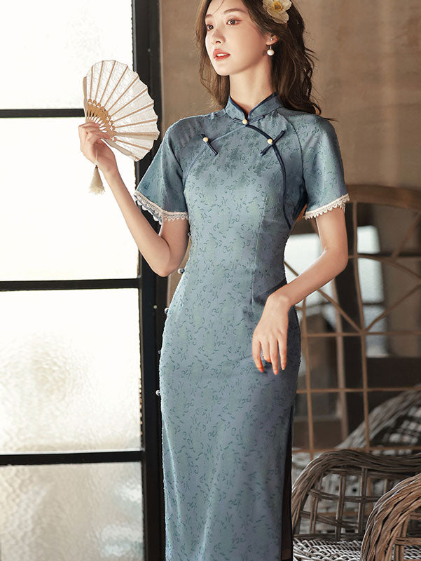 Blue Jacquard Mid Qi Pao Cheongsam Dress