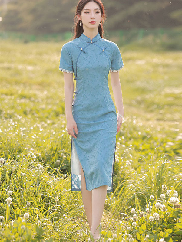 Blue Jacquard Mid Qi Pao Cheongsam Dress