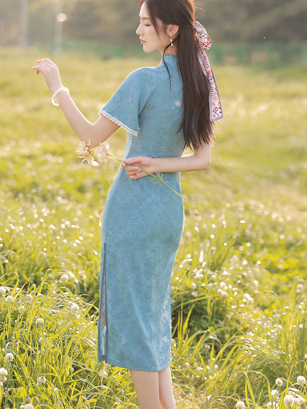 Blue Jacquard Mid Qi Pao Cheongsam Dress