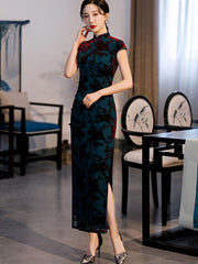 Green Floral Velvet Full Length Qi Pao Cheongsam Dress