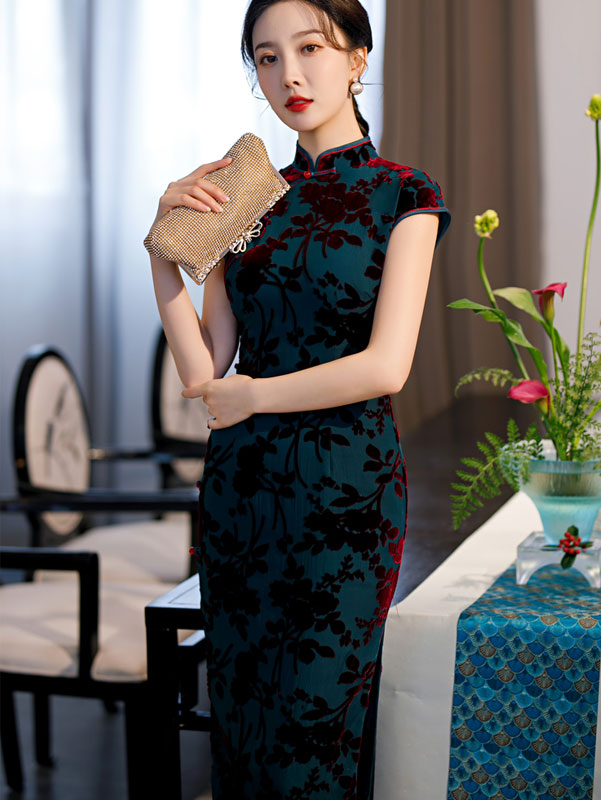 Green Floral Velvet Full Length Qi Pao Cheongsam Dress