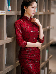 Red Sequined Jacquard Bridal Mothers Qi Pao Cheongsam Dress