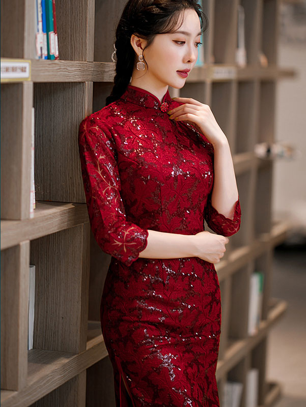Red Sequined Jacquard Bridal Mothers Qi Pao Cheongsam Dress