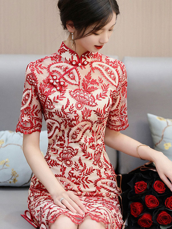 Red Illusion Embroidered Floral Bride Wedding Cheongsam Qipao Dress