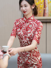 Red Illusion Embroidered Floral Bride Wedding Cheongsam Qipao Dress