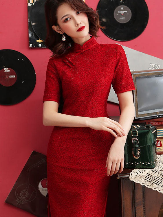 Dark Red Floral Lace Mid Wedding Qipao Cheongsam Dress