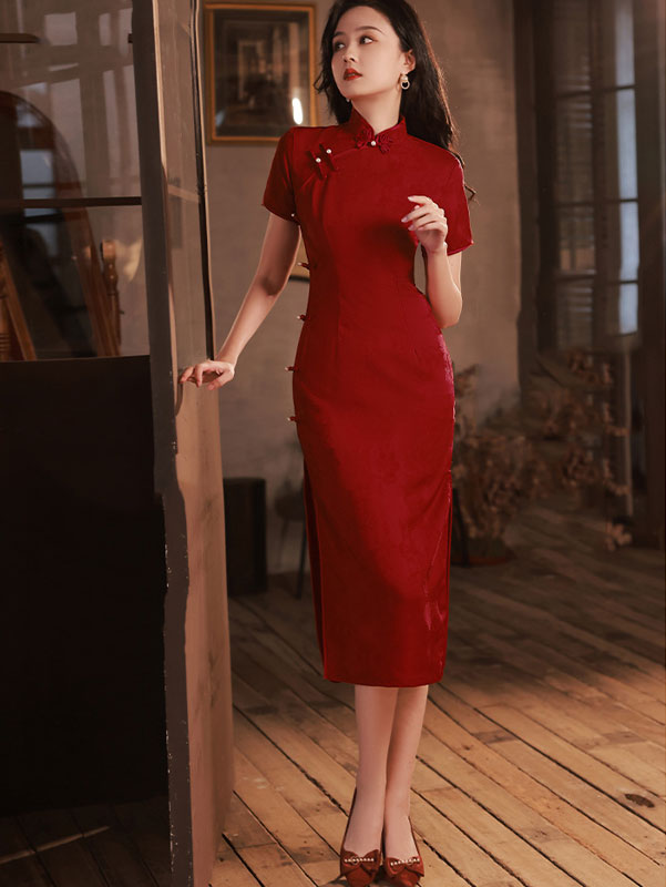 Red Jacquard Mid Wedding Cheongsam Qipao Dress