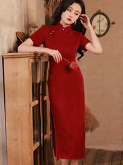 Red Jacquard Mid Wedding Cheongsam Qipao Dress