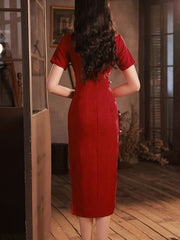 Red Jacquard Mid Wedding Cheongsam Qipao Dress