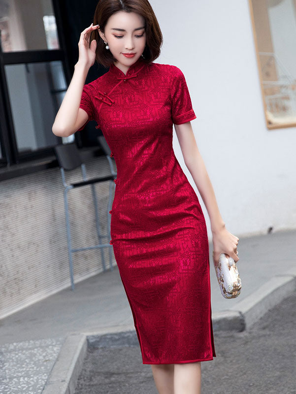 Burgundy Lace Mid Modern Qipao Cheongsam Dress - IMALLURE – imallure