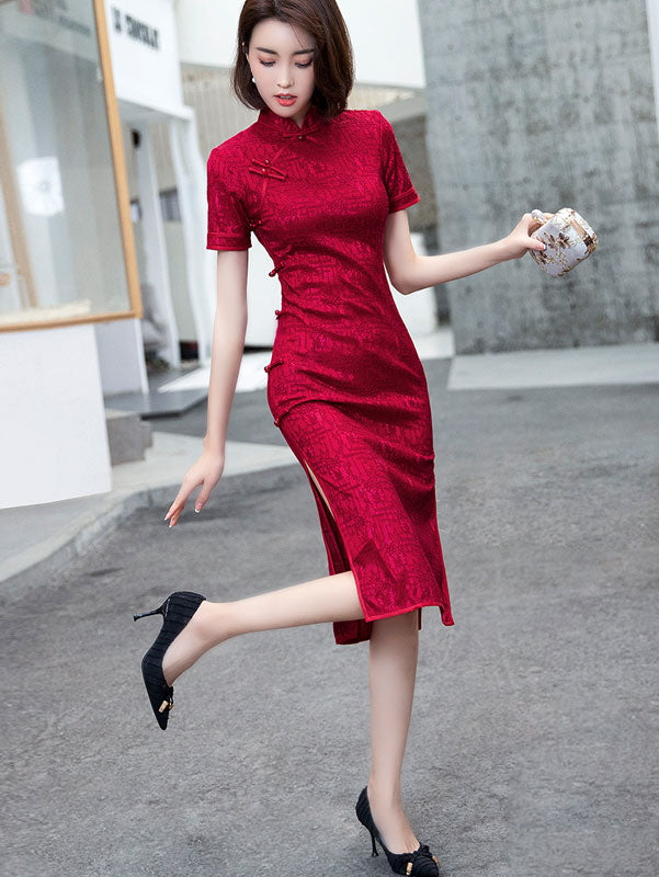 Burgundy Lace Mid Modern Qipao Cheongsam Dress